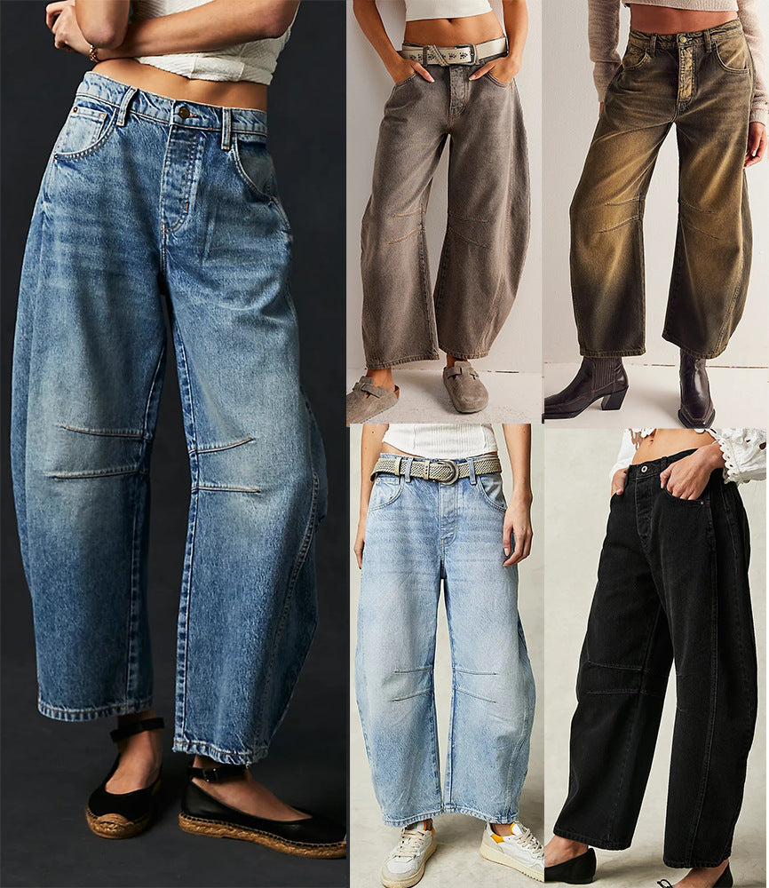 Jean Barrel Large Jambe Large Taille Moyenne Stretch Femme – Denim Décontracté Baggy