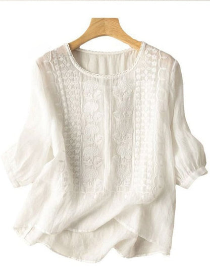 Women's Mid Sleeve Cotton And Linen Embroidery Blouse
