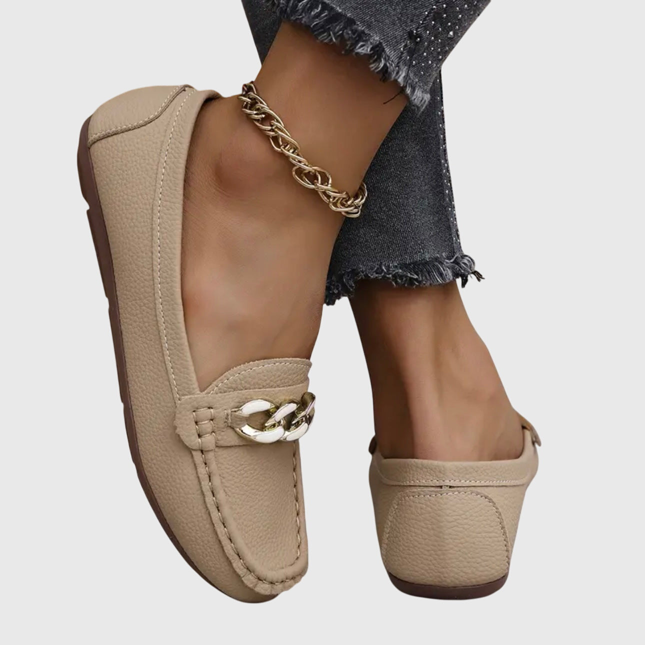 Women's Casual Slip-On Flat Loafers with Gold Chain Detail