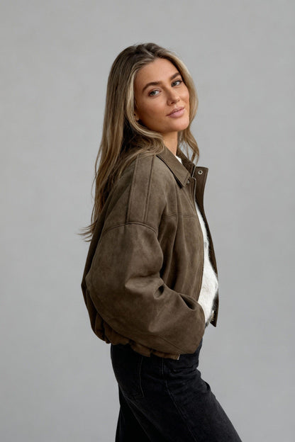 Jen - Faux Suede Batwing Sleeve Bomber Jacket