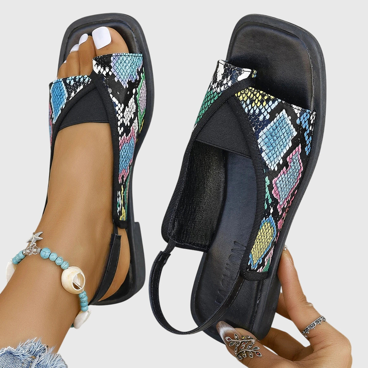 Women's Square Toe Colorblock Slip-On Flat Sandals
