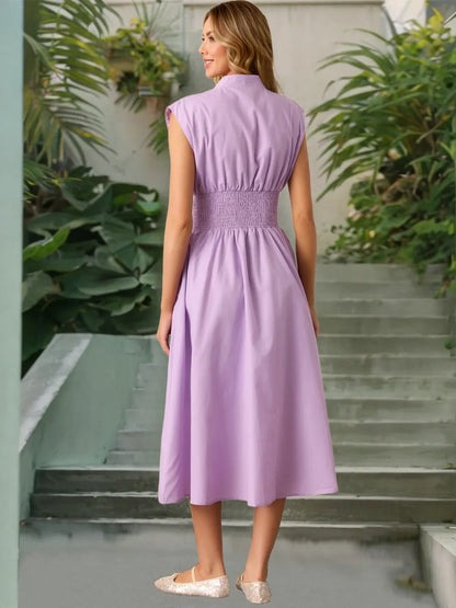 Smocked Zip Front Cap Sleeve Dress
