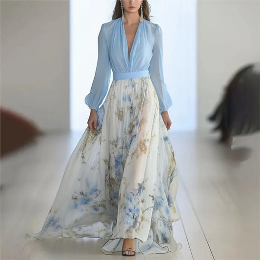 Harper – Elegante maxi-jurk met bloemenprint, diepe V-hals en lange mouwen