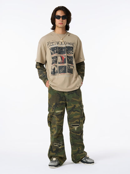 Woven Ripped Camouflage Cargo Baggy Pants