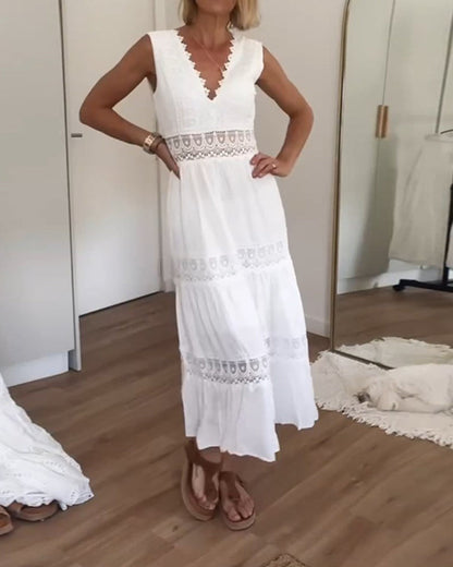 Robe midi femme dentelle col V sans manches fluide élégante été