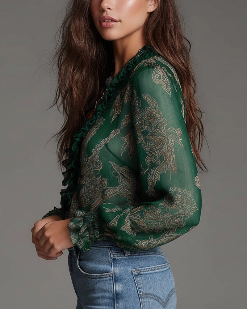 Duval Paris™ | Blouse raffinée à demi-zip et volants