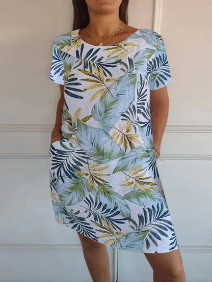 Women's Linen Tropical Print Shift Dress