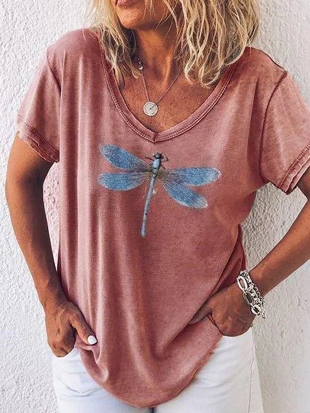 Women's Dragonfly Print V-Neck Short Sleeve Casual Tee