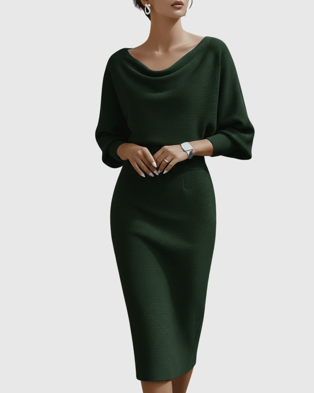Women's Cowl Neck Batwing Sleeve Ribbed Midi Dress