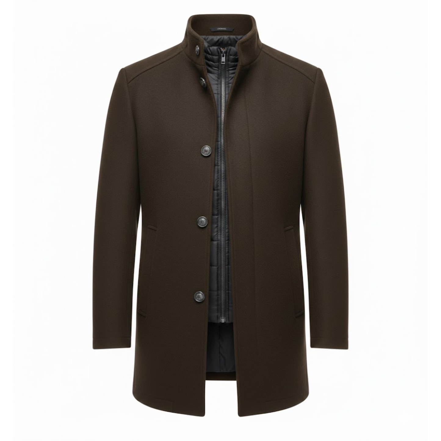 Manteau long en laine à col montant et double boutonnage