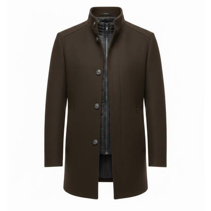 Manteau long en laine à col montant et double boutonnage
