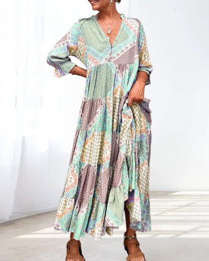 Robe Femme Maxi Imprimé Patchwork Coupe Ample Col V Manches 3/4