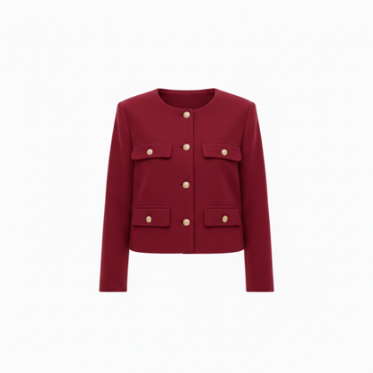 Veste en Polyester à Col Rond avec Boutons Dorés et Poches pour Femme