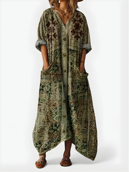 Women’s Linen Kaftan Boho Maxi Dress Floral Embroidered V Neck Relaxed Tunic