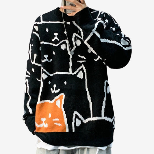 Jasper – Long Sleeve Cat Print Sweater With Round Neck