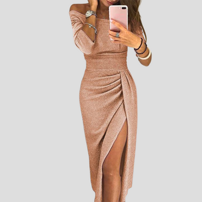 Sienna | Women’s Off-Shoulder Glitter Midi Evening Dress