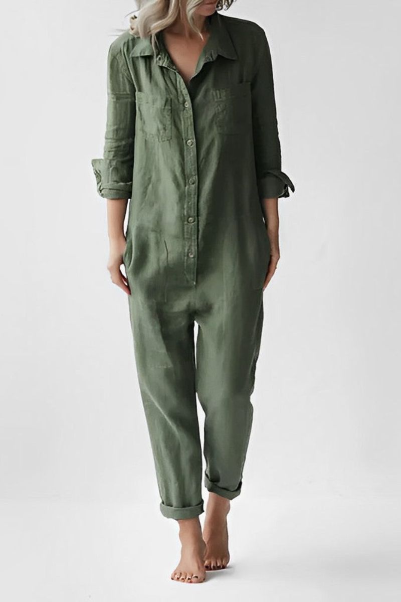 Audrey Casual Langærmet Button Up Jumpsuit | Flatterende pasform med brystlomme | Perfekt til både afslappede og elegante lejligheder