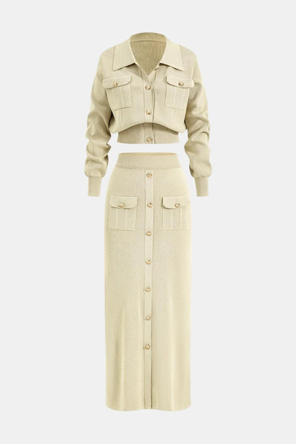 Briella – Cropped Knit Button-Up Top & Maxi Skirt Set