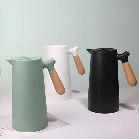 Geïsoleerde Karaf 1 Liter Houten Handvat Dubbelwandig Koffiekaraf Thermos Scandinavisch Design Groen Wit Zwart Rood Bruin | Restfield