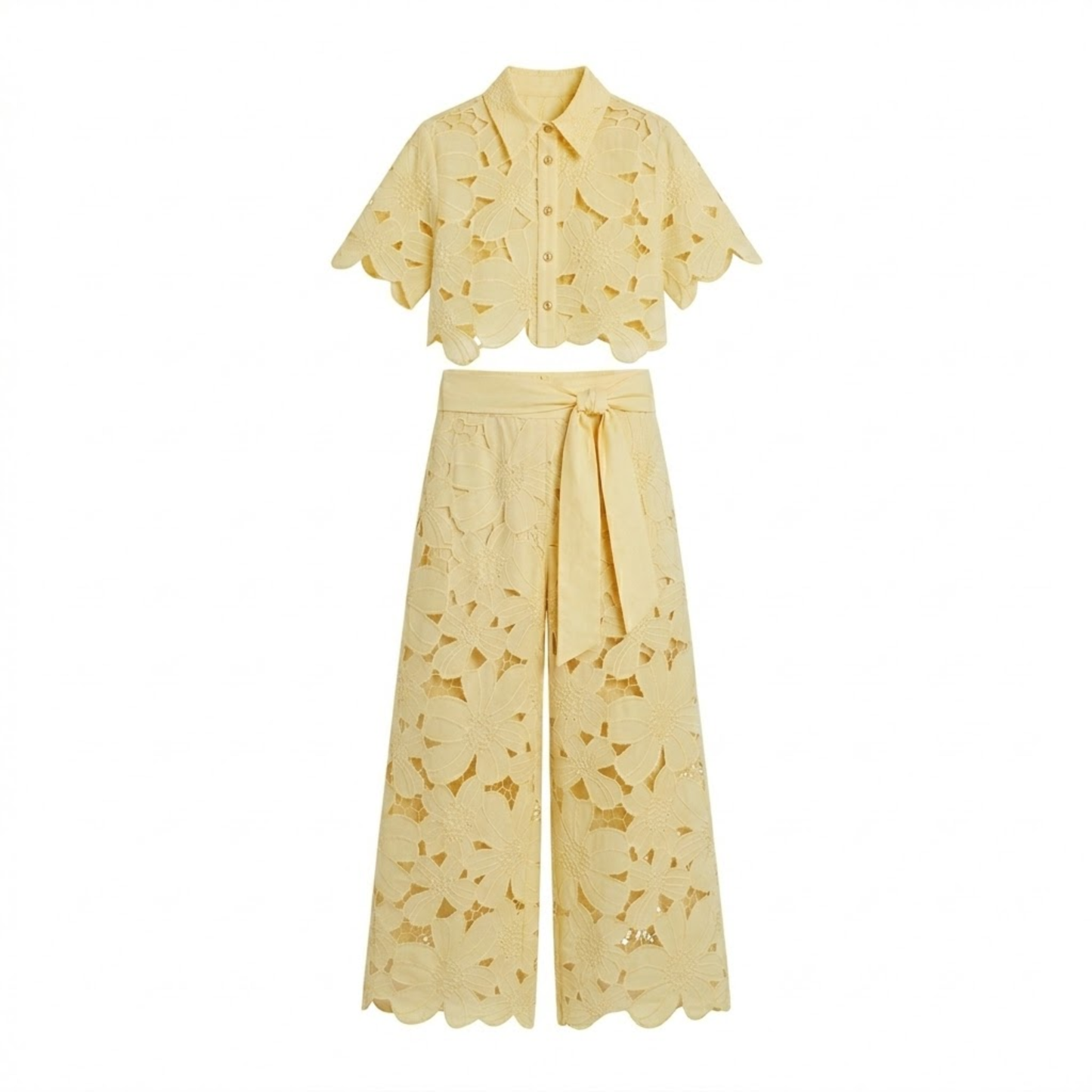 Ensemble Deux Pièces Femme avec Haut Court en Dentelle et Pantalon Large