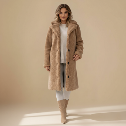 Angel Manteau Teddy Long Femme – Coupe Oversize Douce avec Col Revers & Fermeture Boutonnée