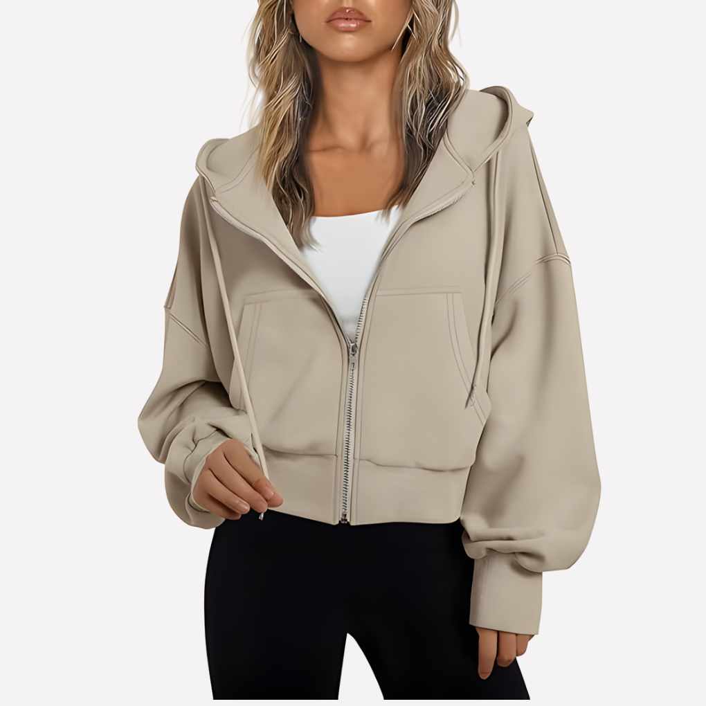 Women’s Zip Hoodie Relaxed Fit Cropped Drawstring Jacket