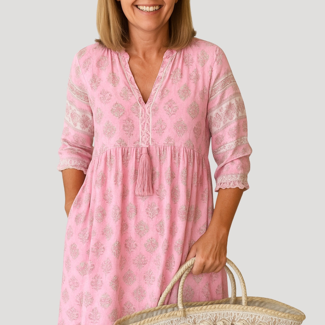 Elle | Women Beach Midi Dress V-Neck Tassel Tie 3/4 Sleeves All-Over Print