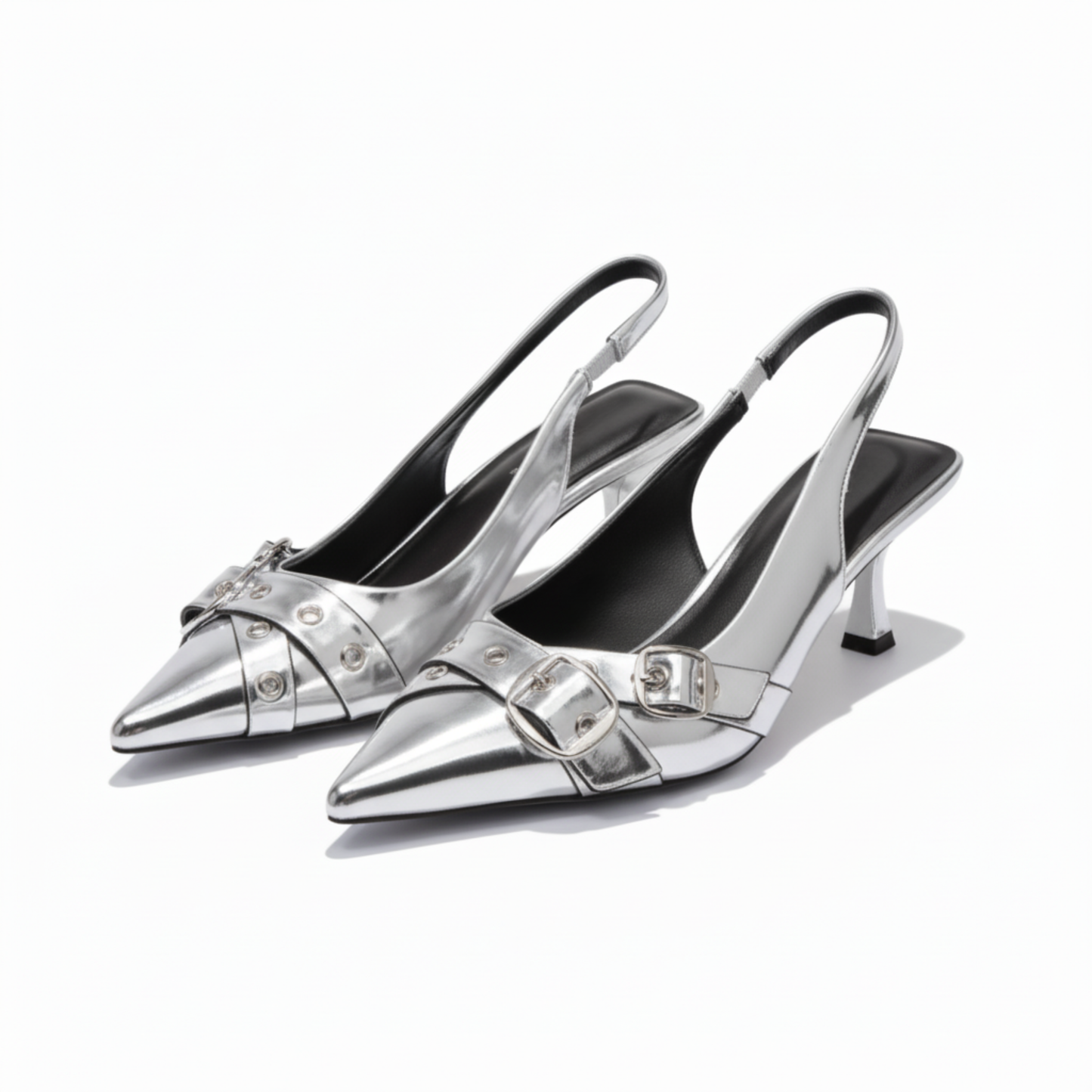 Escarpins Slingback à Bout Pointu en Similicuir avec Détails Métalliques pour Femmes