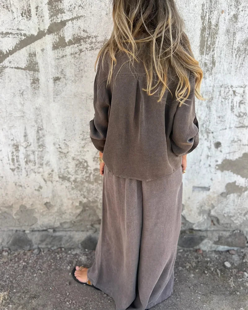 Ensemble Deux-Pièces Femme Décontracté et Tendance – Chemise à Manches et Pantalon Large Confortable