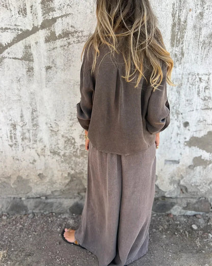 Ensemble Deux-Pièces Femme Décontracté et Tendance – Chemise à Manches et Pantalon Large Confortable