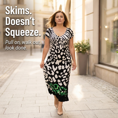 LuminaFlow™ – Breezy V-Neck Midi Dress Featuring Mixed Animal Prints