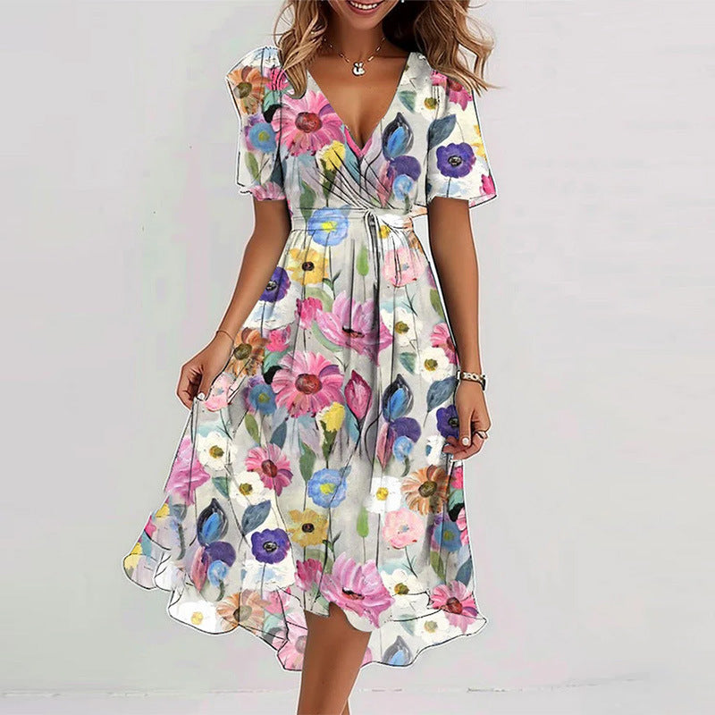 Robe Midi Femme Cache-Cœur à Fleurs – Style A-Line à Manches Courtes