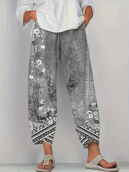 Thimasha - Vintage Floral Capri Pant With Elastic Waist