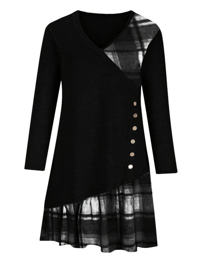 Alinor - Lässiges Kariertes Patchwork Kleid Mit Langen Ärmeln
