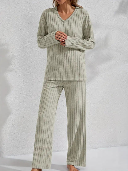 Women's Ribbed Long-Sleeve Top and Pants Set – Casual Comfortable Loungewear
