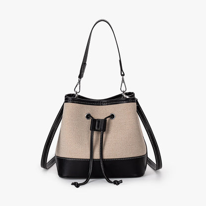 Canvas-Eimer-Tasche mit veganem Lederbesatz und Kordelverschluss
