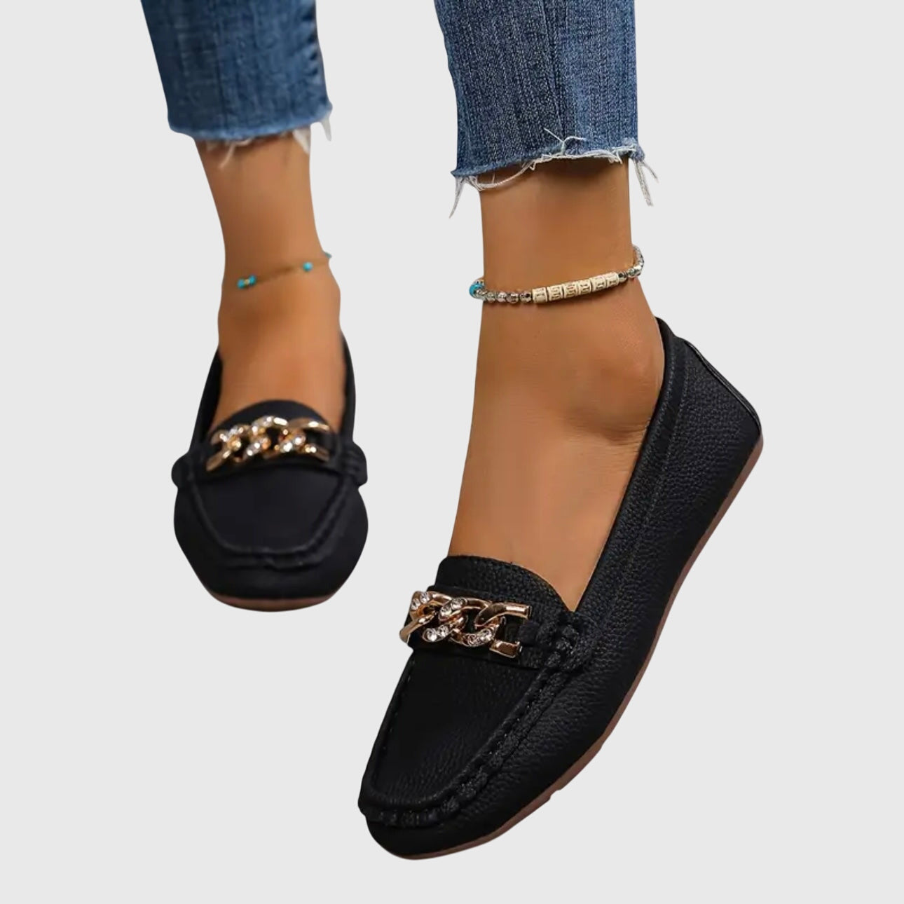 Women's Casual Slip-On Flat Loafers with Gold Chain Detail