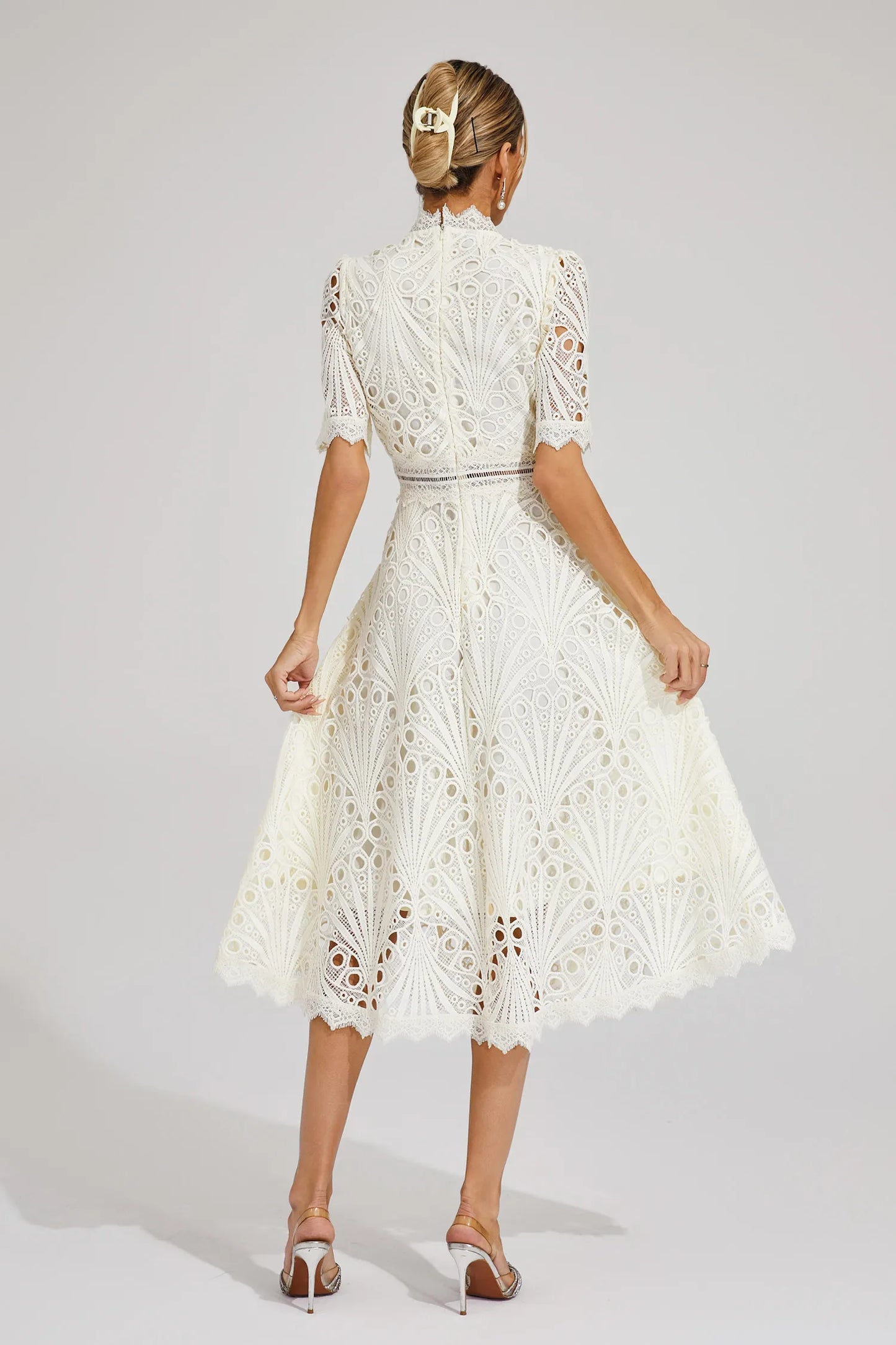 Lace Midi Dress with Scoop Neck and Lightweight Lining, Back Zipper