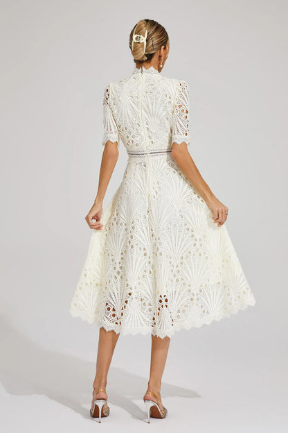 Lace Midi Dress with Scoop Neck and Lightweight Lining, Back Zipper
