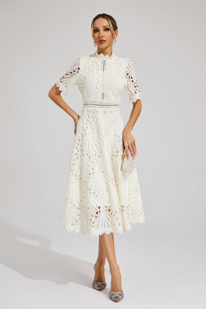 Lace Midi Dress with Scoop Neck and Lightweight Lining, Back Zipper