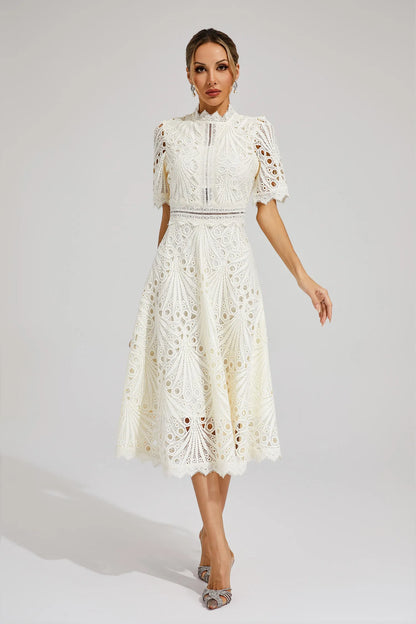Lace Midi Dress with Scoop Neck and Lightweight Lining, Back Zipper