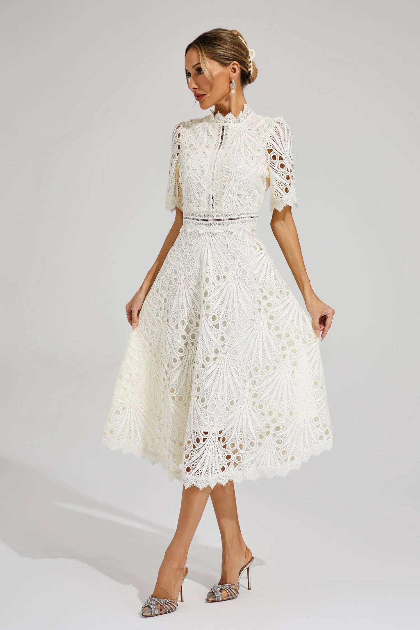 Lace Midi Dress with Scoop Neck and Lightweight Lining, Back Zipper