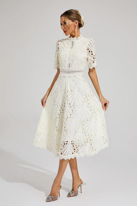 Lace Midi Dress with Scoop Neck and Lightweight Lining, Back Zipper