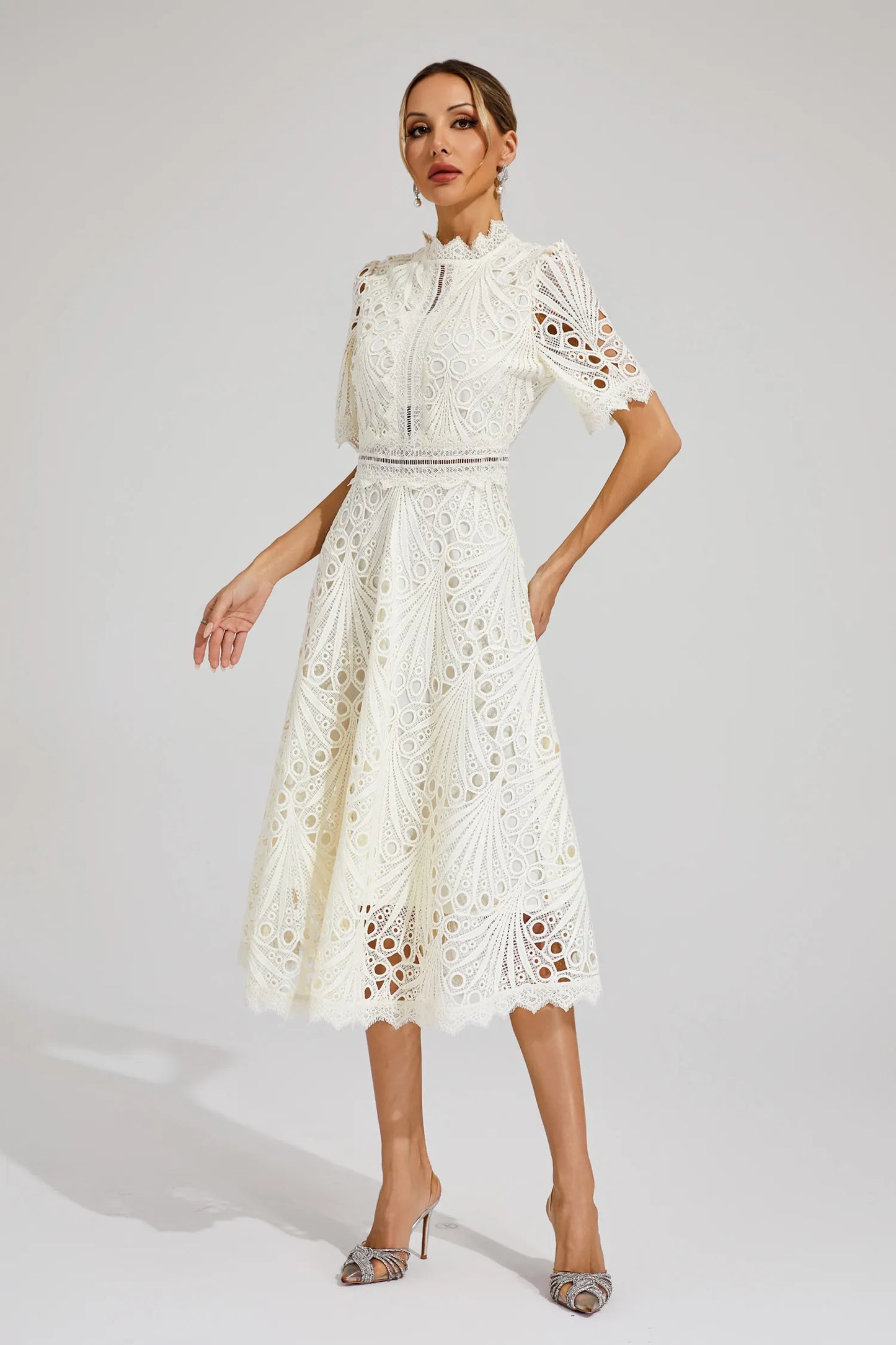 Lace Midi Dress with Scoop Neck and Lightweight Lining, Back Zipper