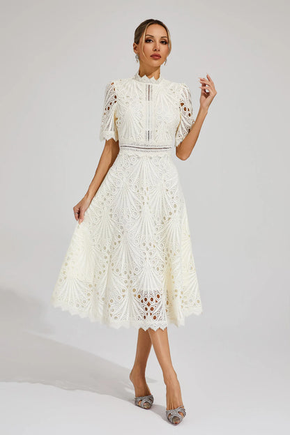 Lace Midi Dress with Scoop Neck and Lightweight Lining, Back Zipper
