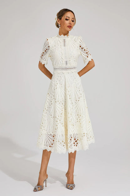 Lace Midi Dress with Scoop Neck and Lightweight Lining, Back Zipper