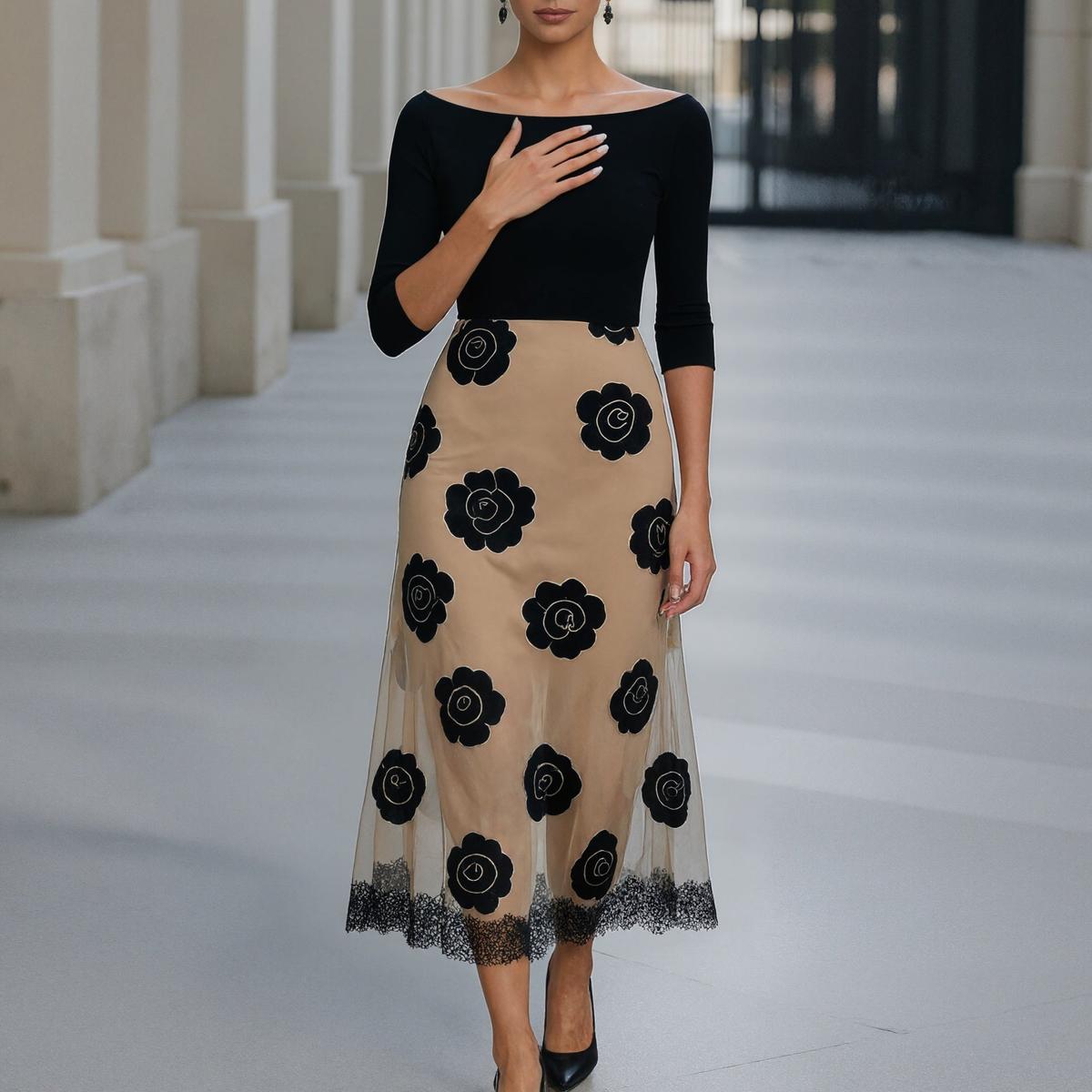 Groovy Black Boat Neck Midi Dress