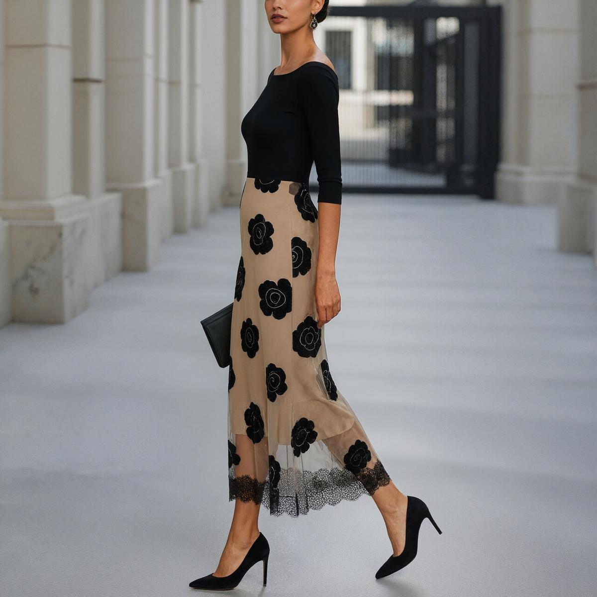 Groovy Black Boat Neck Midi Dress
