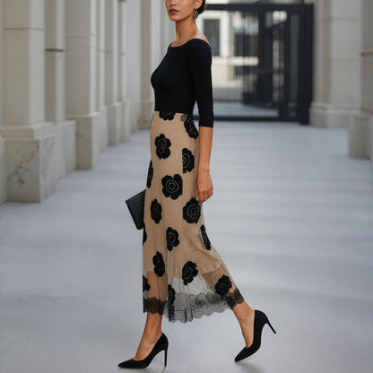 Groovy Black Boat Neck Midi Dress