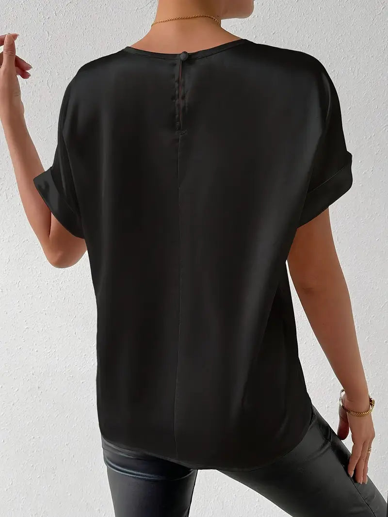 Valkirra - T shirt en satin à manches courtes roulées et encolure ronde